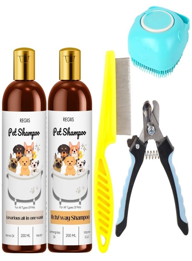 REGIIS Pet Grooming Kit, Dog Shampoo Set with Silicone Brush, Nail Clipper, Comb, 2 Bottles 200ML Each, All-in-One Wash and Itch Away Formula - Image 1
